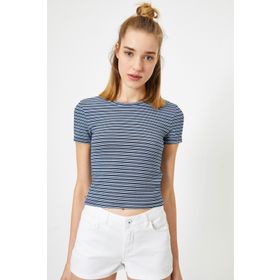 Koton 1KAL18149OK Mavi Bisiklet Yaka Kisa Kollu Slim Fit Çizgili Kadın T-shirt