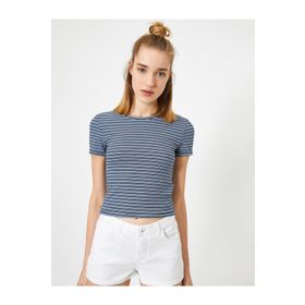 Koton 1KAL18149OK Mavi Bisiklet Yaka Kisa Kollu Slim Fit Çizgili Kadın T-shirt
