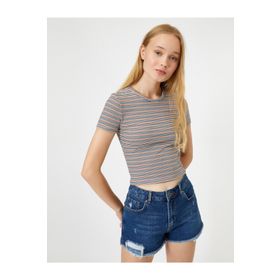 Koton 1KAL18149OK Mavi Bisiklet Yaka Kisa Kollu Slim Fit Çizgili Kadın T-shirt