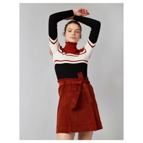 Koton 1KAL78007IW Kahverengi Fitilli Kadife Kemerli Mini Etek