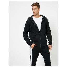 Koton 1KAM75700LK Siyah Fermuarlı Kapüşonlu Basic Pamuk Erkek Sweatshirt