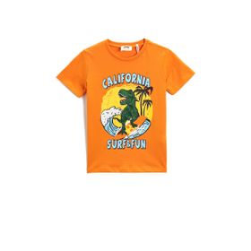 Koton 200 Erkek Çocuk Dinozor Baskılı Kısa Kollu Bisiklet Yaka Pamuklu Turuncu T-shirt