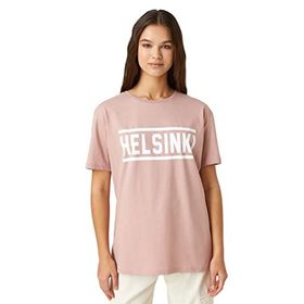 Koton 250 Kadın Kısa Kollu Bisiklet Yaka Baskılı Pembe T-shirt