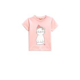 Koton 274 Kız Bebek Pembe Kedi Baskılı Kısa Kollu Bisiklet Yaka T-shirt