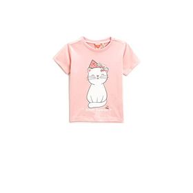 Koton 274 Kız Bebek Pembe Kedi Baskılı Kısa Kollu Bisiklet Yaka T-shirt