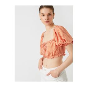 Koton 2SAK60189EW Crop Bluz Kare Yaka Balon Kollu