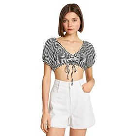 Koton 2SAL10318IK9S9 Siyah Kadın Çizgili Crop T-Shirt