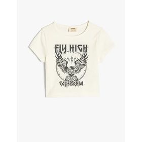 Koton 2SKG10398AK Crop Baskılı Kısa Kollu Bisiklet Yaka Pamuklu Turuncu Kadın T-shirt