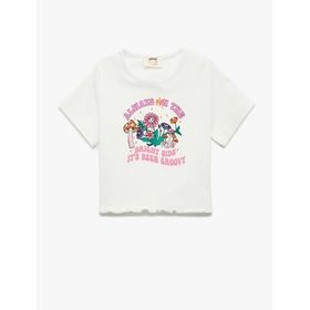 Koton 2SKG10398AK Crop Baskılı Kısa Kollu Bisiklet Yaka Pamuklu Turuncu Kadın T-shirt