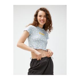 Koton 2SKG10398AK Crop Baskılı Kısa Kollu Bisiklet Yaka Pamuklu Turuncu Kadın T-shirt