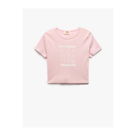 Koton 2SKG10398AK Crop Baskılı Kısa Kollu Bisiklet Yaka Pamuklu Turuncu Kadın T-shirt