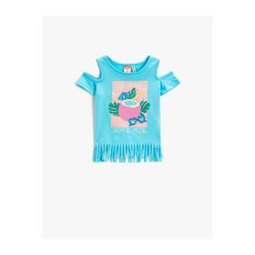 Koton 2SKG10556AK Püsküllü Baskılı Pencere Detaylı Kısa Kollu Pamuklu T-shirt