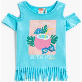 Koton 2SKG10556AK Püsküllü Baskılı Pencere Detaylı Kısa Kollu Pamuklu T-shirt