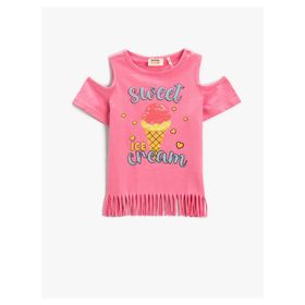 Koton 2SKG10556AK Püsküllü Baskılı Pencere Detaylı Kısa Kollu Pamuklu T-shirt