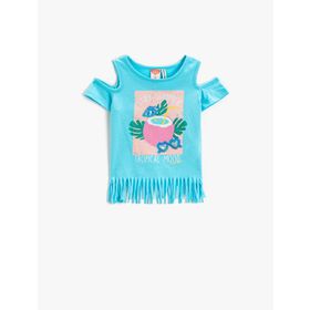 Koton 2SKG10556AK Püsküllü Baskılı Pencere Detaylı Kısa Kollu Pamuklu T-shirt