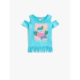 Koton 2SKG10556AK Püsküllü Baskılı Pencere Detaylı Kısa Kollu Pamuklu T-shirt