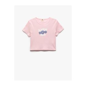 Koton 2SKG10559AK Crop Çiçek Baskılı Kısa Kollu Bisiklet Yaka Pamuklu Pembe Kadın T-shirt