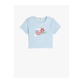 Koton 2SKG10559AK Crop Çiçek Baskılı Kısa Kollu Bisiklet Yaka Pamuklu Pembe Kadın T-shirt