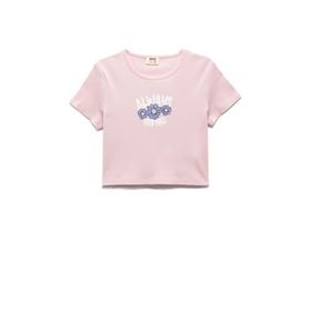 Koton 2SKG10559AK Crop Çiçek Baskılı Kısa Kollu Bisiklet Yaka Pamuklu Pembe Kadın T-shirt