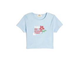 Koton 2SKG10559AK Crop Çiçek Baskılı Kısa Kollu Bisiklet Yaka Pamuklu Pembe Kadın T-shirt