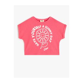Koton 2SKG10559AK Crop Çiçek Baskılı Kısa Kollu Bisiklet Yaka Pamuklu Pembe Kadın T-shirt