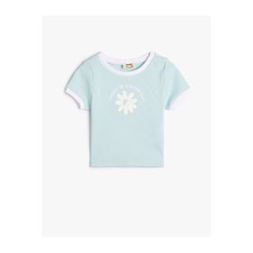 Koton 2SKG10559AK Crop Çiçek Baskılı Kısa Kollu Bisiklet Yaka Pamuklu Pembe Kadın T-shirt