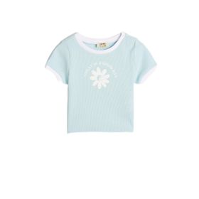Koton 2SKG10559AK Crop Çiçek Baskılı Kısa Kollu Bisiklet Yaka Pamuklu Pembe Kadın T-shirt