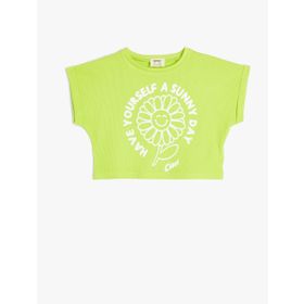Koton 2SKG10559AK Crop Çiçek Baskılı Kısa Kollu Bisiklet Yaka Pamuklu Pembe Kadın T-shirt
