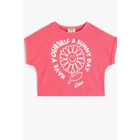 Koton 2SKG10559AK Crop Çiçek Baskılı Kısa Kollu Bisiklet Yaka Pamuklu Pembe Kadın T-shirt