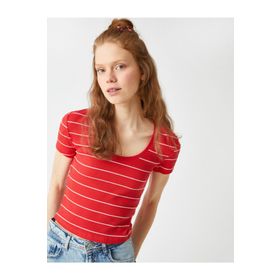 Koton 2YAL18790IK Mavi Çizgili Kadın Kısa Kollu T-shirt