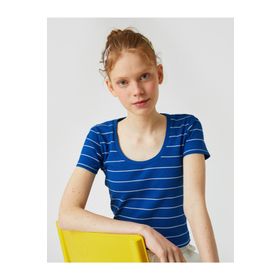 Koton 2YAL18790IK Mavi Çizgili Kadın Kısa Kollu T-shirt