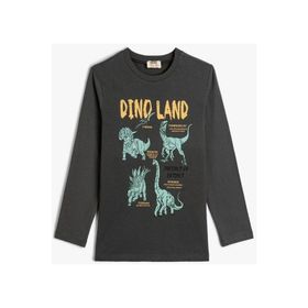 Koton 2YKB16609OK Dinozor Baskılı Uzun Kollu Bisiklet Yaka Pamuklu Erkek Çocuk Tişört