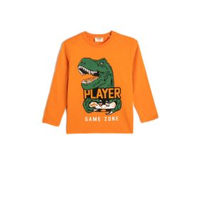 Koton 2YKB16609OK Dinozor Baskılı Uzun Kollu Bisiklet Yaka Pamuklu Erkek Çocuk Tişört
