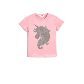 Koton 2YKG17483OK Unicorn Baskılı Kısa Kollu Bisiklet Yaka Pamuklu Kız Çocuk Tişört