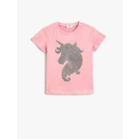 Koton 2YKG17483OK Unicorn Baskılı Kısa Kollu Bisiklet Yaka Pamuklu Kız Çocuk Tişört