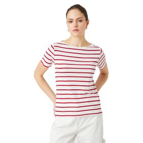 Koton 3SAK60008EK Beyaz Kırmızı Çizgili Kadın T-Shirt