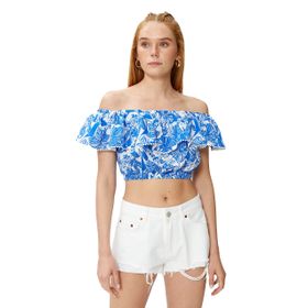 Koton 3SAK60181EW 7D1 Lacivert Desenli Kadın Dokuma Tops Kısa Kollu Bisiklet Yaka Bluz