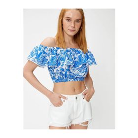 Koton 3SAK60181EW 7D1 Lacivert Desenli Kadın Dokuma Tops Kısa Kollu Bisiklet Yaka Bluz
