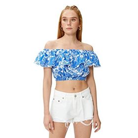 Koton 3SAK60181EW 7D1 Lacivert Desenli Kadın Dokuma Tops Kısa Kollu Bisiklet Yaka Bluz