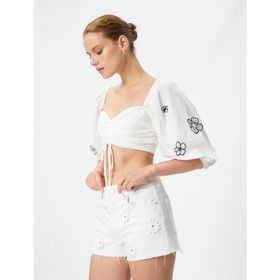 Koton 3SAK60224EW Crop Balon Kollu Çiçekli Kadın Bluz