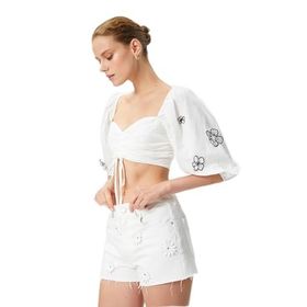 Koton 3SAK60224EW Crop Balon Kollu Çiçekli Kadın Bluz