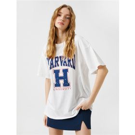 Koton 3SAL10010IK Ekru Harvard Kısa Kollu Kadın T-shirt