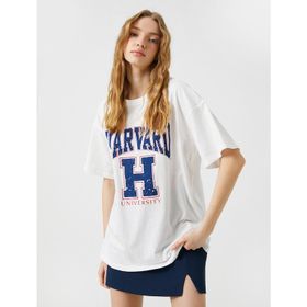 Koton 3SAL10010IK Ekru Harvard Kısa Kollu Kadın T-shirt
