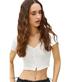 Koton 3SAL10059IK002 Ekru Kadın Crop T-Shirt