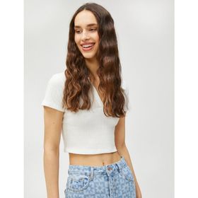 Koton 3SAL10060IK010 Ekru Kadın Crop T-Shirt