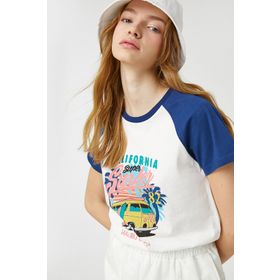 Koton 3SAL10077IK Beyaz Mavi Baskılı Kadın T-Shirt