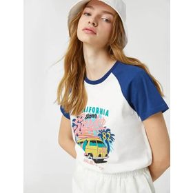 Koton 3SAL10077IK Beyaz Mavi Baskılı Kadın T-Shirt