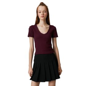 Koton 3SAL10132IK457 Bordo Kadın Kısa Kollu V Yaka T-Shirt