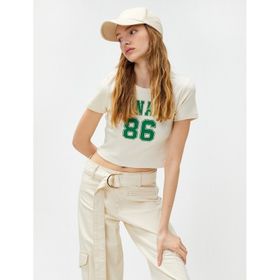 Koton 3SAL10292IK051 Bej Kadın Crop T-Shirt