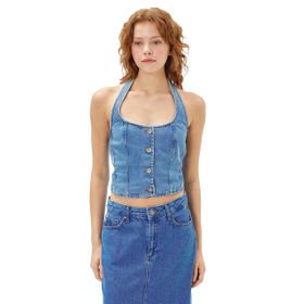 Koton 3SAL30012MD Açık İndigo Crop Halter Yaka Kadın Kot Yelek